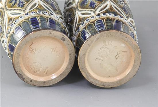 A pair of Doulton Lambeth stoneware vases, decorated by Elizabeth Fisher, height 21cm